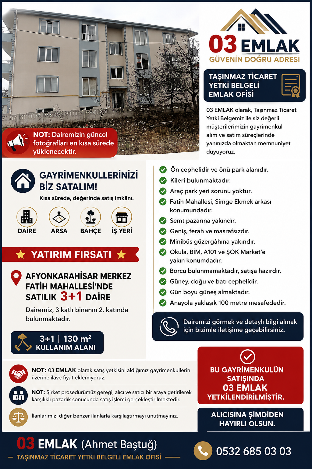 03 EMLAK(Ahmet Baştuğ'dan) FATİH MAH. 3+1 ARA KAT DAİRE ÖNÜ PARK fotoğraf 2